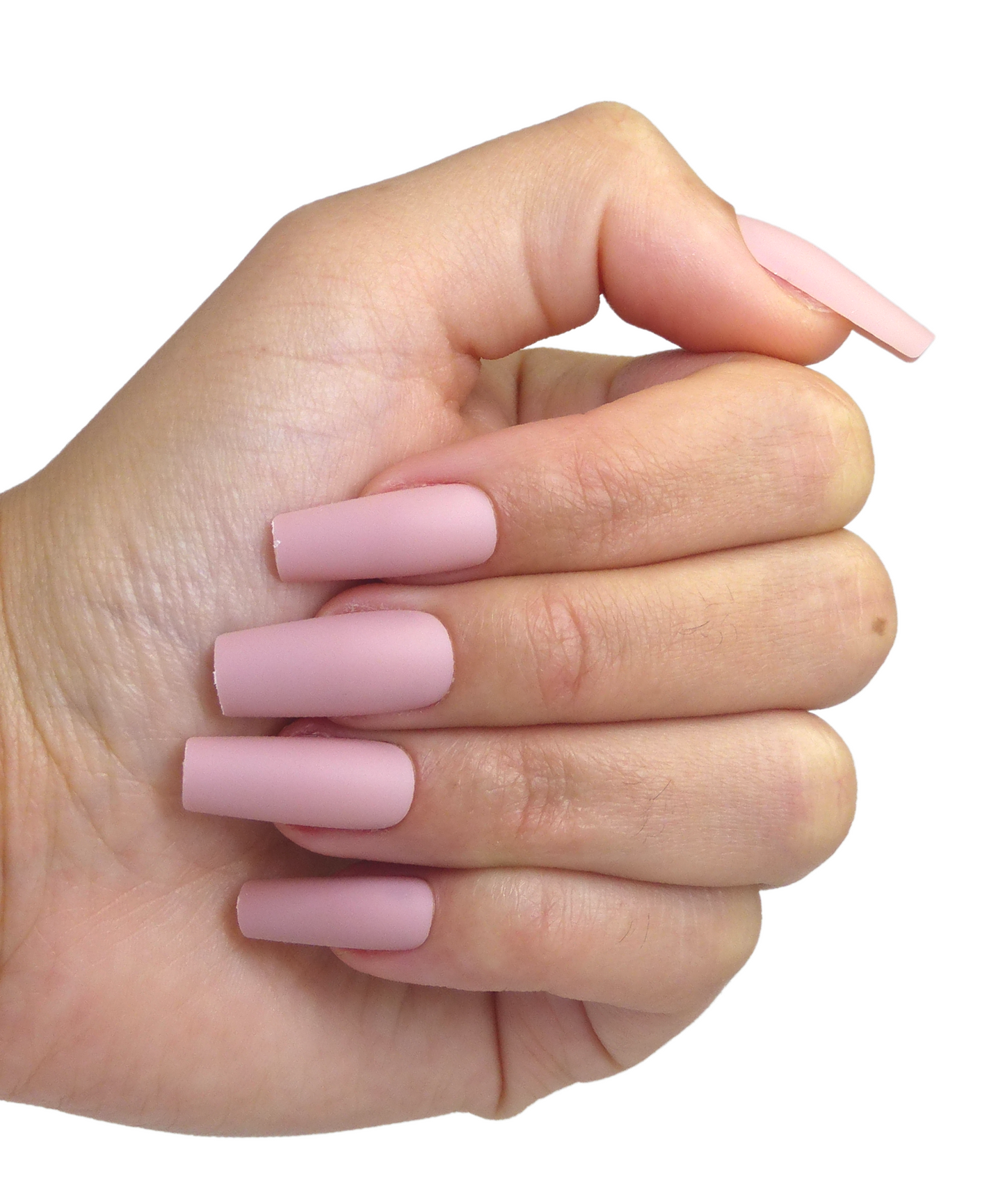 Main portant faux ongles rose pâle mats, forme amande taille moyenne