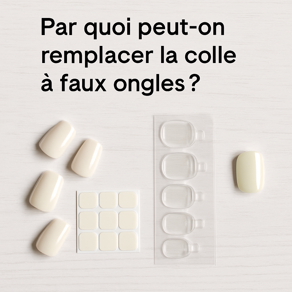 Vue rapprochée d'une main féminine posant un faux ongle à l’aide d’un adhésif double-face, avec des alternatives visibles comme du scotch, des gels pads et un kit de manucure sans colle.