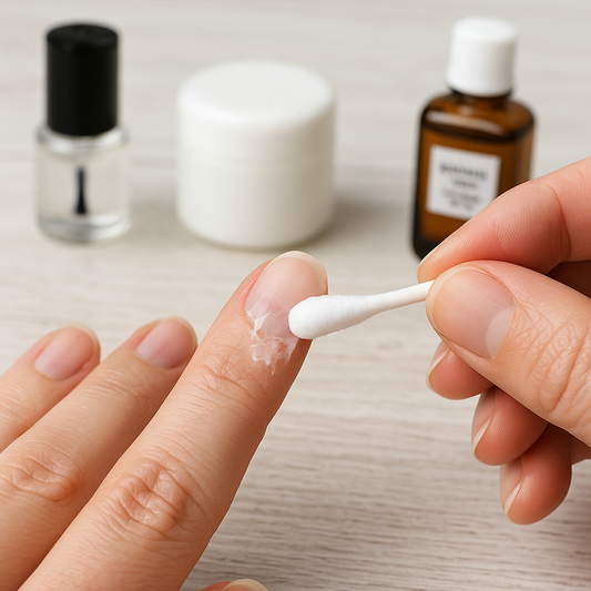 Gros plan sur une main en train d’enlever de la colle à faux ongles sur la peau avec un coton-tige, sur fond de produits de soin pour ongles.