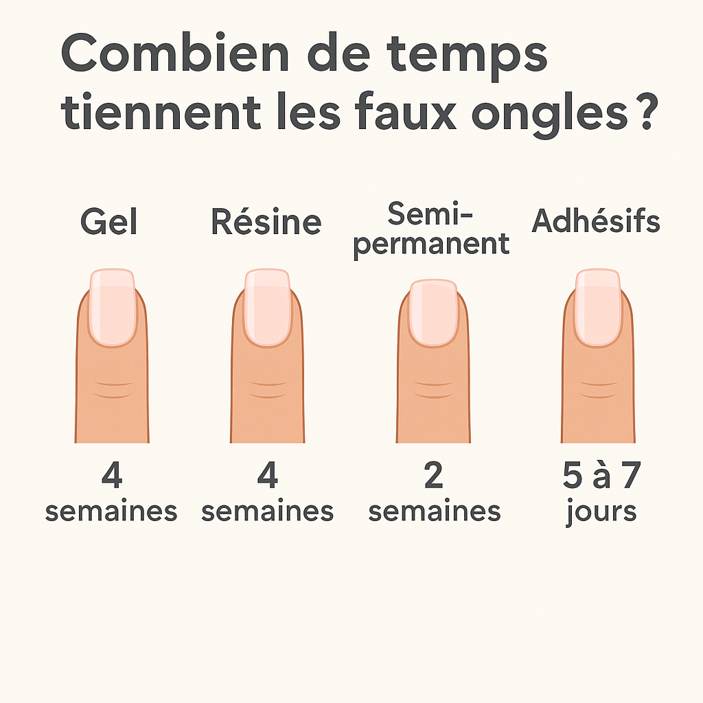 Infographie comparant la durée de tenue des faux ongles en gel, résine, vernis semi-permanent, colle et adhésifs pour aider à choisir la méthode la plus durable.
