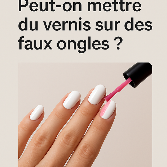 Application de vernis rose sur des faux ongles blancs ovales, illustrant la compatibilité du vernis avec les faux ongles pour un rendu soigné et coloré.