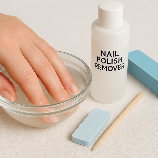 Main trempée dans un bol d’acétone pour retirer des faux ongles type Primark, accompagnée d’un dissolvant, d’un polissoir et d’un repousse-cuticules sur fond blanc.