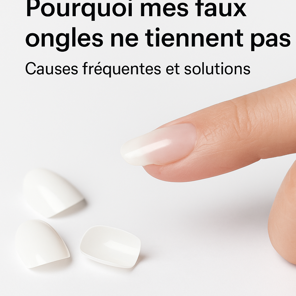 Faux ongle blanc qui se décolle d’un doigt, posé sur fond blanc avec capsules à côté, illustrant un problème courant de tenue des faux ongles. L'image contient le texte "Pourquoi mes faux ongles ne tiennent pas, causes fréquentes et solutions".