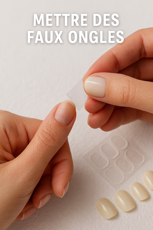 Main féminine en train de coller un faux ongle autocollant avec le texte “mettre des faux ongles” visible sur l’image, illustrant la pose facile avec un gel pad.