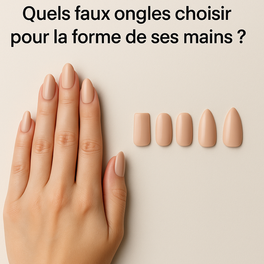 Comparaison visuelle de plusieurs formes de faux ongles – carrée, ovale, amande, stiletto – avec une main naturelle, pour aider à choisir selon la forme de ses mains.