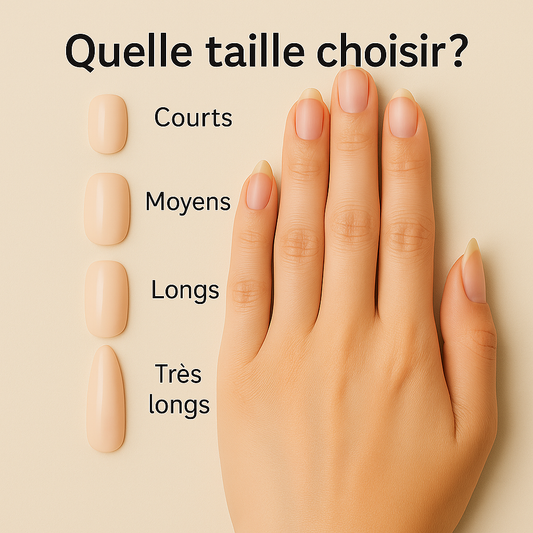 Comparatif visuel de quatre longueurs de faux ongles – courts, moyens, longs, très longs – à côté d’une main naturelle pour guider le choix selon le style recherché.