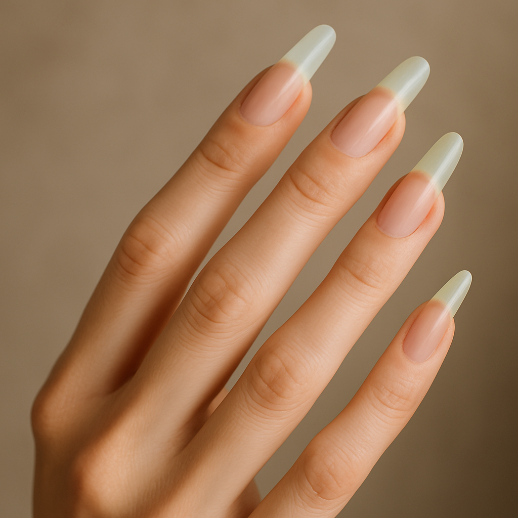 Main féminine réaliste avec de longs ongles naturels bien entretenus, illustrant une pousse rapide et saine grâce à des soins réguliers.