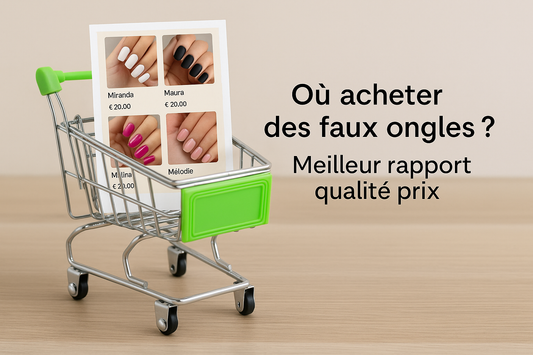 Image d’un panier d’achat en ligne affichant différents modèles de faux ongles avec étiquettes de prix, illustrant la recherche du meilleur rapport qualité-prix pour acheter des faux ongles sur Internet.