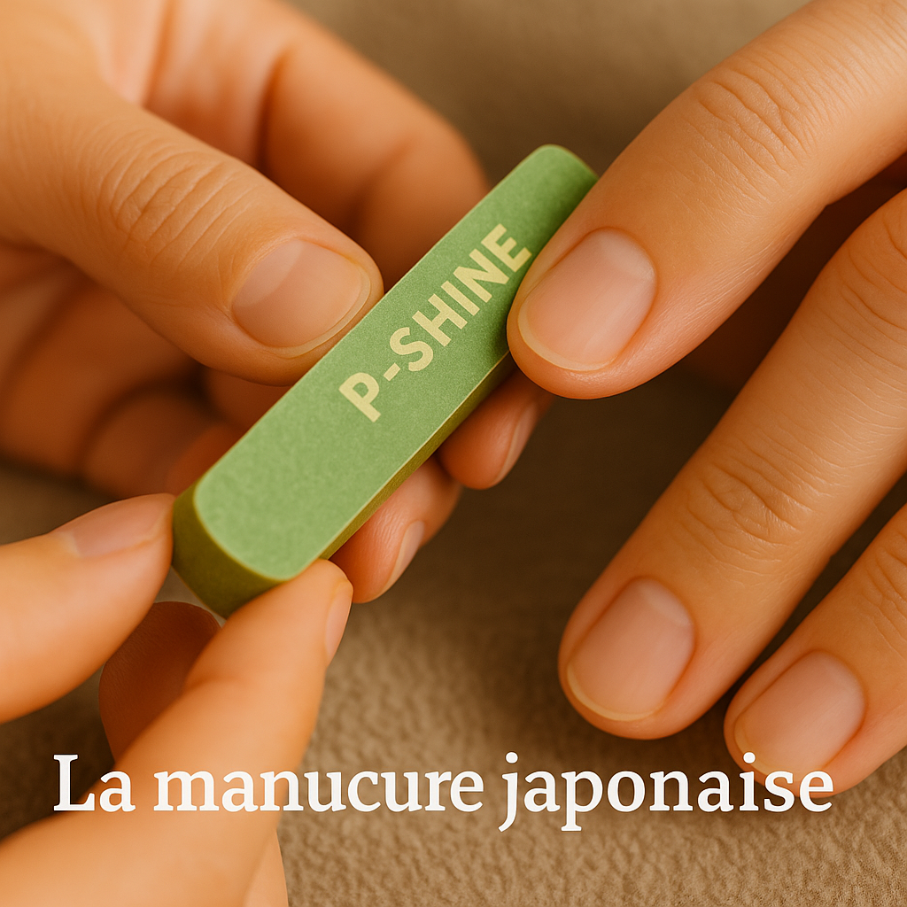 Main féminine recevant une manucure japonaise P-Shine, avec polissage naturel et gestes doux illustrant une routine de soin sans vernis ni gel.