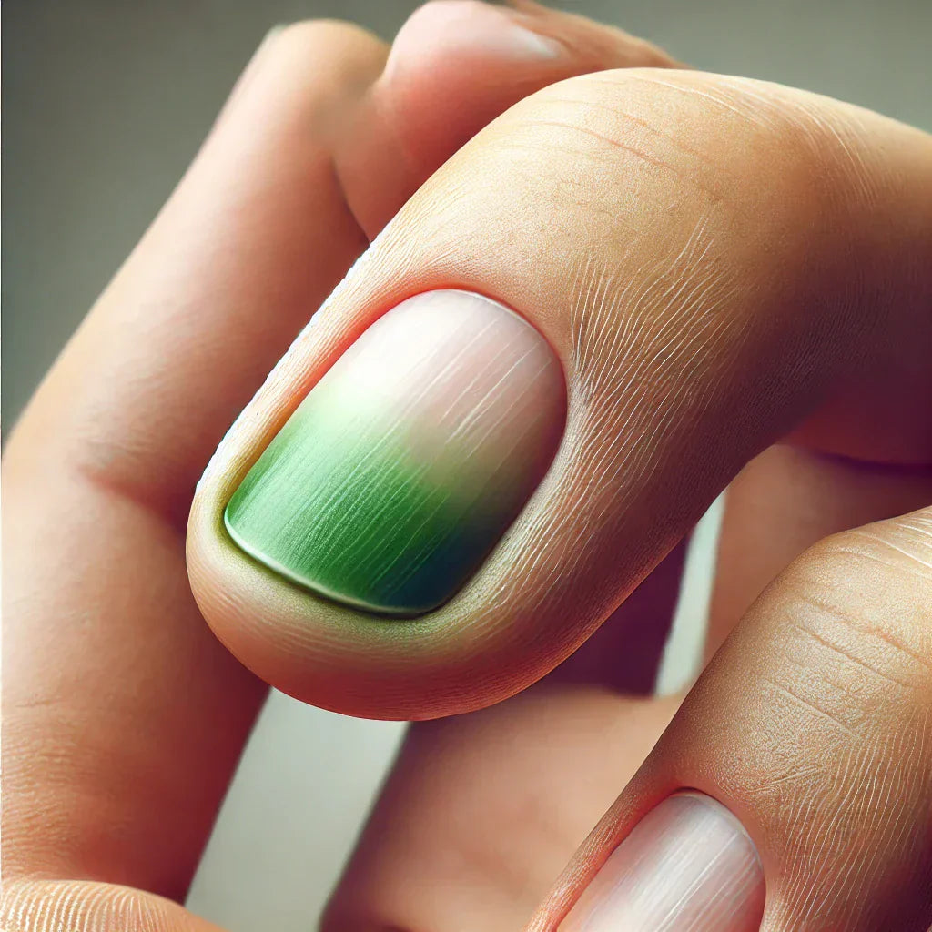 Image d'un ongle vert infecté par une infiltration d'eau, montrant la décoloration due à une infection bactérienne.