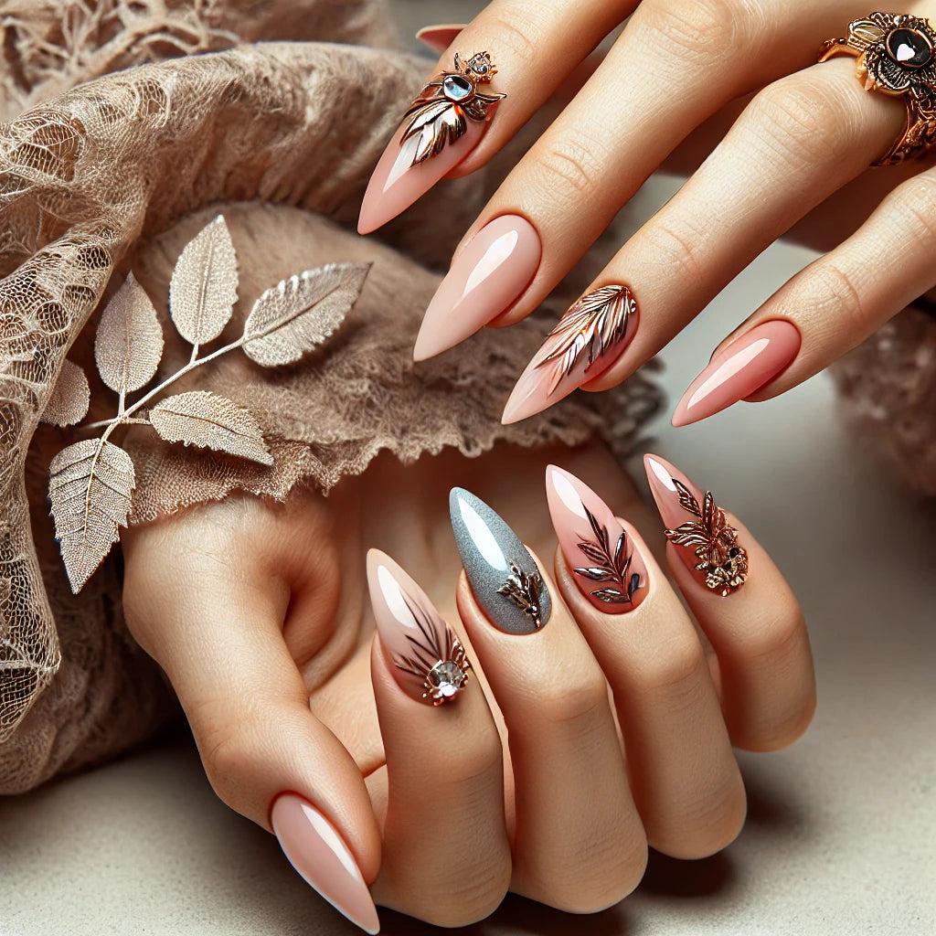 Image en gros plan de mains avec faux ongles décorés, illustrant des styles variés entre élégance classique et designs audacieux. Idéal pour aborder les aspects sociaux et psychologiques de l'expression personnelle à travers le nail art.