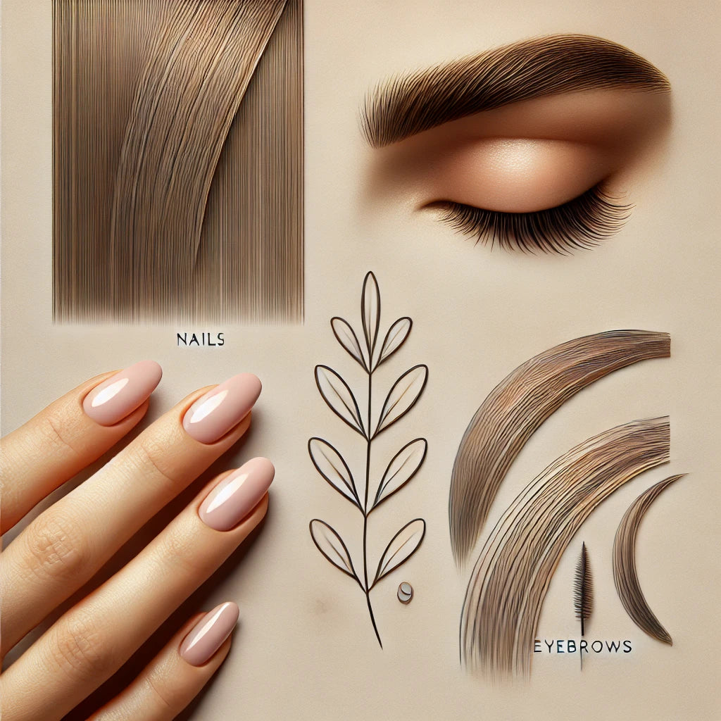 Une composition élégante montrant divers éléments des phanères, incluant des ongles soignés, des mèches de cheveux brillantes, et des sourcils bien entretenus, sur un fond neutre qui met en valeur la beauté naturelle et le soin des phanères