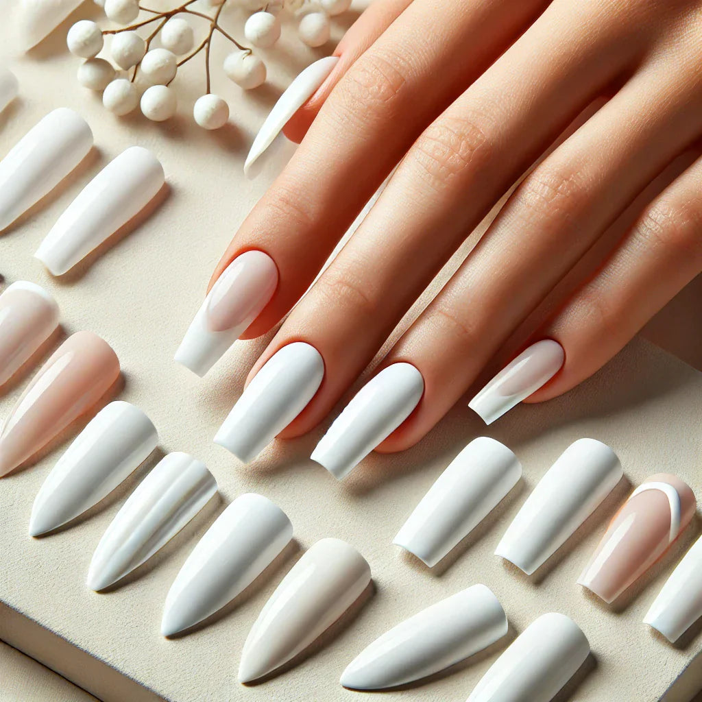 Faux ongles blancs, mettant en avant différentes finitions comme le mat et le brillant. Parfaits pour toute occasion, ces faux ongles blancs ajoutent une touche de sophistication à votre style.