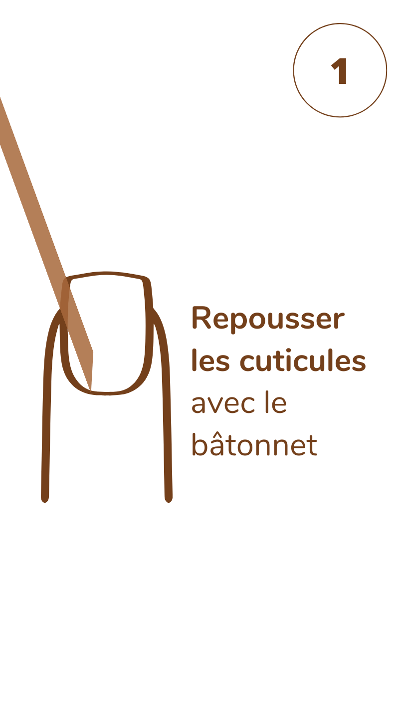  Main repoussant délicatement les cuticules avec un bâtonnet en bois avant la pose de faux ongles adhésifs réutilisables